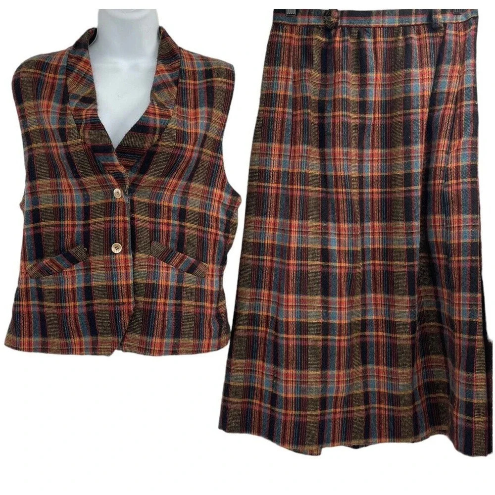 Vintage Mid Century Women's Vest Skirt Set Plaid Button Front Midi
